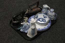 A tray of two Nao figures, Poole dolphin, Delft jug, Chinese style teapot, blue and white dish,