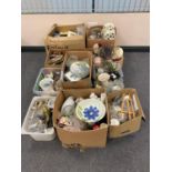 A pallet of ten boxes of assorted bric a brac, glass ware, china,