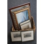 A box of seven colour etchings depicting horse racing scenes and coastal scenes together with a
