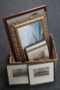 A box of seven colour etchings depicting horse racing scenes and coastal scenes together with a