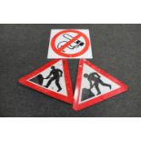 Two framed men at work road signs and a tin no smoking sign