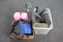 Two crates and a box of Wellingtons, fishing bags, tackle box, fishing seat,