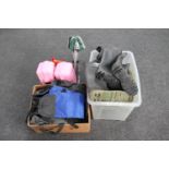 Two crates and a box of Wellingtons, fishing bags, tackle box, fishing seat,