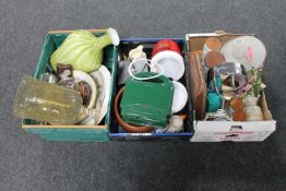 Two crates and a box of studio glass vase, kitchen mixing bowls, shaving mirror, travel set,