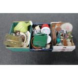 Two crates and a box of studio glass vase, kitchen mixing bowls, shaving mirror, travel set,