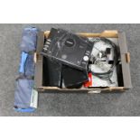 A box of assorted electricals : car radio, Samsung speakers,