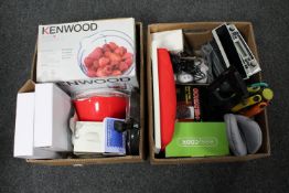 Two boxes of kitchen electricals, kitchen ware, car CD radio, electric heater,