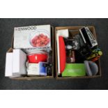 Two boxes of kitchen electricals, kitchen ware, car CD radio, electric heater,