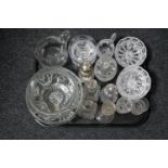 A tray of antique and later glass ware to include pair of silver rimmed vases, bowls, sugar sifter,