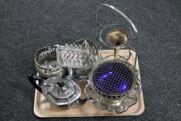 A tray of plated wares, teapot, rose bowl, swing handled basket,