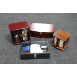 A crate of two jewellery boxes, three wooden jewellery box,