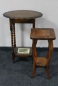 An oak barley twist leg table and a carved pine two tier plant stand