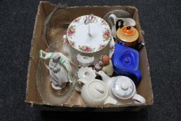 A box of figures, Royal Albert Old Country Roses comport, Art Deco teapot, Royal Doulton teapot,