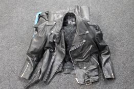 A box of six assorted black leather motorcycle jackets