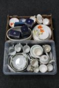 Two boxes of part English china and pottery tea services including Mid Winter,