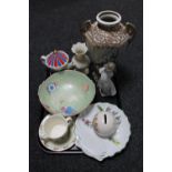 A tray of Nao figure, Bunnykins money box, cup and saucer, Royal Worcester shell dish,