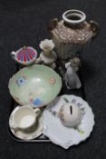 A tray of Nao figure, Bunnykins money box, cup and saucer, Royal Worcester shell dish,