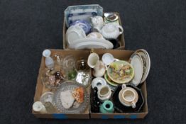 Three boxes of antique and later china, wall plates, glass ware,