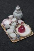 A tray of Royal Worcester Grandmother's Dress figure, serving plates, mugs,
