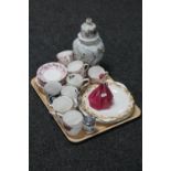 A tray of Royal Worcester Grandmother's Dress figure, serving plates, mugs,