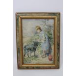 Manner of Myles Birket Foster RWS (1825-1899), Girl with billy goat, watercolour laid to board,