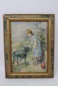 Manner of Myles Birket Foster RWS (1825-1899), Girl with billy goat, watercolour laid to board,