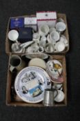 Two boxes of commemorative mugs and cups, wall plates, pewter tankards,