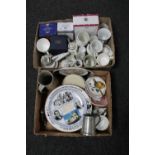 Two boxes of commemorative mugs and cups, wall plates, pewter tankards,