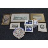 A box of framed watercolours, oil, Winton chintz plate, Ringtons cup and saucer,