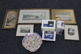 A box of framed watercolours, oil, Winton chintz plate, Ringtons cup and saucer,