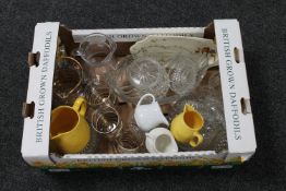 A tray of pottery jugs, mid 20th century glass jug and beaker,