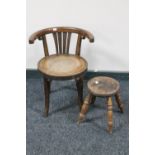 A child's bentwood chair together with an antique milking stool