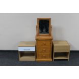 A pine three drawer bedside chest together with a dressing table mirror and two further bedside