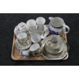 A tray of Noritake tea service, Nao duck figure, antique blue and white jug,