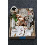 A box of Limoges dishes, beer stein, Toby jug, pair of dog figures,