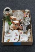 A box of Limoges dishes, beer stein, Toby jug, pair of dog figures,