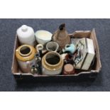 A box of stoneware kitchen jars, hot water bottle, vintage buttons, carnival glass bowl,