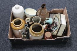 A box of stoneware kitchen jars, hot water bottle, vintage buttons, carnival glass bowl,