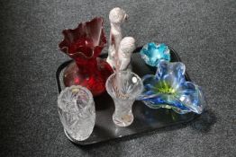 A tray of two studio pottery figures, crystal vases,
