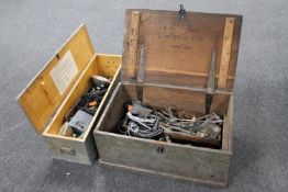 Two twentieth century pine storage boxes containing a large quantity of vintage hand tools,