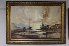 A gilt framed oil on canvas, fishing boats at low tide, signed Jack R.