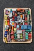 A tray containing mid 20th century and later die cast cars including Corgi,
