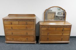 An Edwardian oak five drawer chest with matching four drawer chest and wall mirror