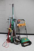 A bundle of garden tools together with two electric strimmers, gazebo,