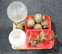 A tray of brass oil lamp with glass shade, opaque glass shade,