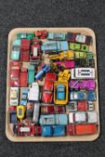A tray containing mid 20th century and later die cast cars including Corgi,