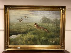 Continental school, fox in tall grass, oil on canvas, 96cm by 66cm,