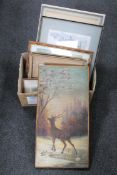 A box of seven framed pictures : oil on canvas of a stag,