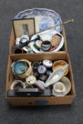 Two boxes of pottery kitchen items, boxed place mats, antique blue and white plate,