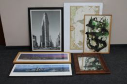 A hardwood framed mirror together with three framed prints depicting New York and two further